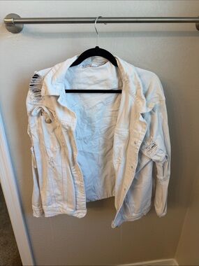 White Distressed Denim Jacket - Casual Ripped Jean Jacket